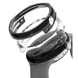 Ringke Slim Edge [Anti-Yellowing Material / 2 Pack] Compatible with Pixel Watch (2022) Case, Anti-Scratch Elegant Angle Shaped Solid Transparent Protective Cover - Clear + Dark Chrome