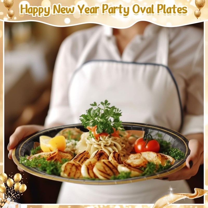 100 Pcs Happy New Year Paper Plates Oval,Black Gold,10.6"x12.6"