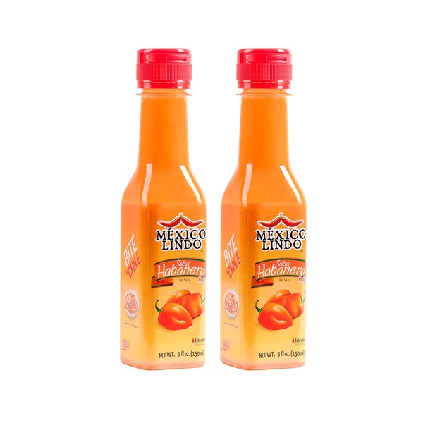 Mexico Lindo Red Habanero Hot Sauce | Real Red Habanero Chili Pepper | 78,200 Scoville Level | Enjoy with Mexican Food, Seafood & Pasta | 5 Fl Oz Bottles (Pack of 2)