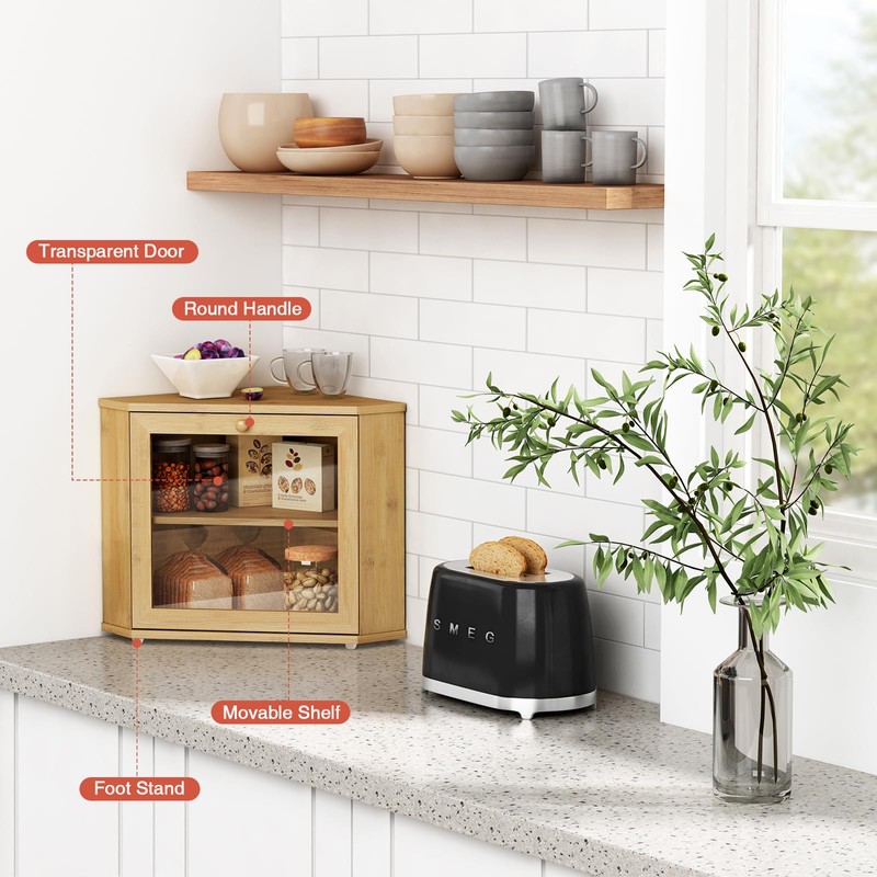Goozii Bamboo Corner Bread Box for Kitchen Counter, 2 Tier