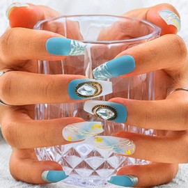 Sethexy Blue Handmade Fake Nails Rhinestone Long Coffin Press on Nails Salon False Nail with Design Arcylic for Women and Girls 10PCS (M)