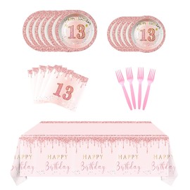 13th Birthday Decorations for Girls,Rose Gold 13 Birthday Girl Decorations Plates and Napkins Forks Table Clothes,13 Year Old Disposable Pink Tableware Set for 20 Guests Teenager Birthday Party