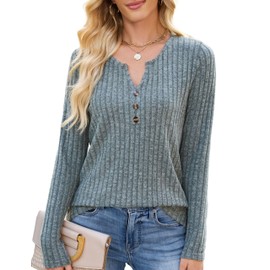 Edelqual Long Sleeve Tops for Women 2025 Fall Casual Henley V Neck Shirts Sweater Tunics Trendy Fashion Outfits Business Teacher Office Maternity Wear (Green,L)