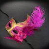 Beyond Masquerade Masquerade Mask with Feathers Gold Hot Pink M6131