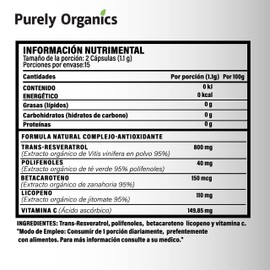 Resveratrol 1340 mg. 90 Cápsulas Veganas. Polifenoles, Betacaroteno, Licopeno, Vitamina C, Anti-Ox complex, el más completo suplemento antioxidante. Purely Organics Resveratrol Gold.