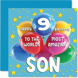 9th Son Birthday Card - World's Most Amazing Son - Happy 9th Birthday Card for Son from Mom Dad, 5.7 x 5.7 Inch Age 9 Nine Greeting Cards for Son
