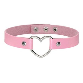 Eigso Vintage Retro Steampunk Collar Choker Love Heart Metal PU Necklace Cool for Women (Pink)