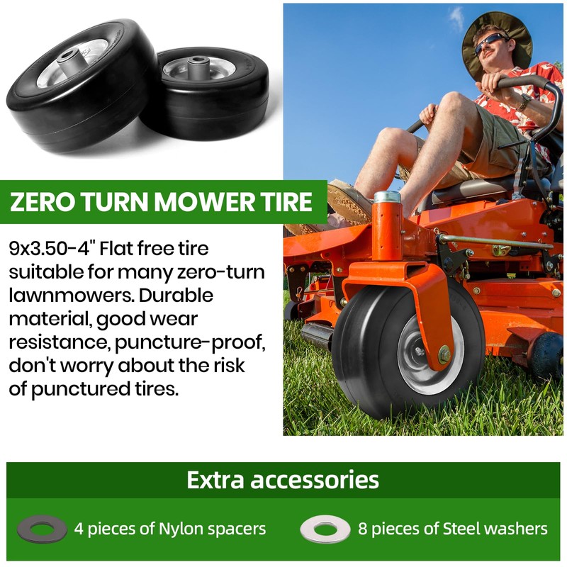 (4-Pack) 9x3.50-4” Flat Free Lawnmower Tire with 4" Centered Hub,