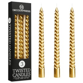 DECO EXPRESS Dinner Candles Pack of 3 or 6 Twisted Candles Coloured Spiral Candles Long Lasting 6 Hours Burn Non Scented (Gold, Pack of 3)