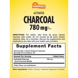 Activated Charcoal 780mg | 60 Capsules | Non-GMO, Gluten Free | by Sundance