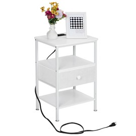 VECELO Nightstand with Charging Station, End Side Table with Fabric Drawer, 2 USB Ports & AC Outlets, Open Storage Shelf, Ideal for Bedroom Living Room