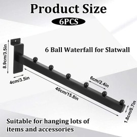 15.8 Inch Gridwall Waterfall Hooks with 6 Ball Slatwall Waterfall Hanger Hooks Slat Wall Accessory for Slatwall, Metal Slatwall Hooks and Hangers for Clothing Retail Garage Shop Display