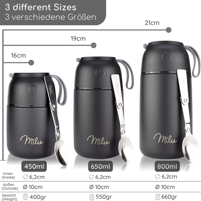 Milu® Thermal Food Container, 450/650 ml, Stainless Steel, Warmth Preservation,
