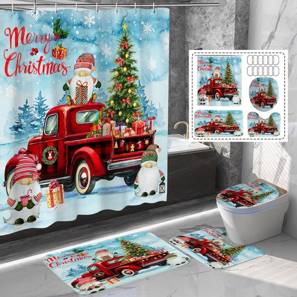 4Pcs Christmas Bathroom Sets with Shower Curtain, Rugs, Toilet Lid Cover and Bath Mat, Christmas Tree Santa Claus Snowman Gnome Chritsmas Shower Curtain Set for Winter Holiday Bathroom Decor (Set K)