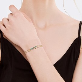Frigotine Gold Turquoise Gemstone Beaded Layered Chain Bracelets for Women, Dainty Boho Crystal Stone Beads Adjustable Stackable Bracelet Prom Wedding Friendship Jewelry Gift