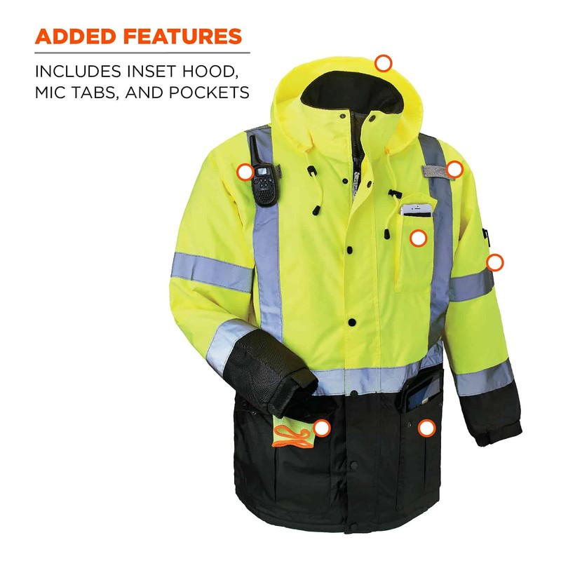 Ergodyne mens Class 3 Hi Vis Thermal Parka Quilted, Lime,