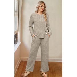 WIHOLL Two Piece Outfits For Women Lounge Sets 2024 Trendy Loungewear Khaki M