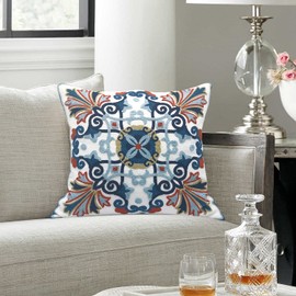 Alysheer Embroidered Decorative Throw Pillow Cover 18 x 18 inch, Boho Vintage Farmhouse Cottage Floral Embroidery Knit Pattern, 100% Cotton Cushion Case for Sofa Couch Living Room (Navy Blue)