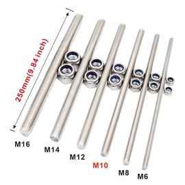 M10x250mm Fully Threaded Rod Studs Long Metric Threaded Screw 304 Stainless Steel Right Hand Threads All Threaded Rod Studs for Anchor Bolts Clamps Hangers U-Bolts 2 Pack