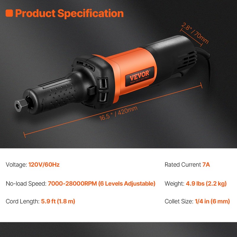 VEVOR Die Grinder, 1/4", Heavy-Duty Electric, Adjustable Speed (10000-28000RPM), Ergonomic