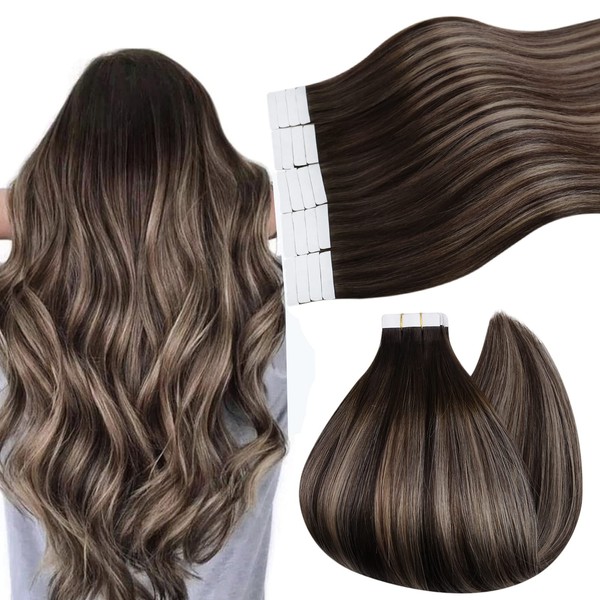 Ugeat 22inch Tape in Hair Extensions Balayage Human Hair Double Sided Tape in Extensions Human Hair Chocolate Brown with Ash Blonde Balayage Tape Hair Extensions Human Hair 50G 20Pcs