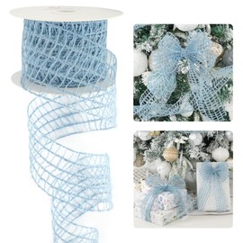 HUIHUANG Blue Burlap Wired Ribbon 2.5 inch Burlap Ribbon for Christmas Tree Dusty Blue Jute Mesh Wire Ribbon for Wreaths, Trees, Gift Wrapping, Garland, Holiday Home Decor-10 Yards