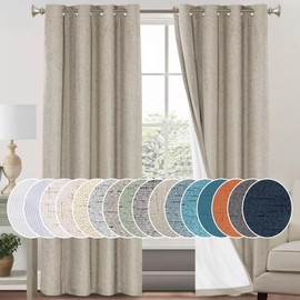 PrinceDeco Primitive Textured Linen 100% Blackout Curtains for Bedroom/Living Room Energy Saving Window Treatment Curtain Drapes, Burlap Fabric with White Thermal Insulated Liner (52 x 84 Inch, Stone)