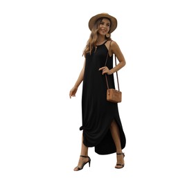 GRECERELLE Women's Summer Casual Long Dress Halter Sleeveless Side Split Maxi Dress Black-X-Large