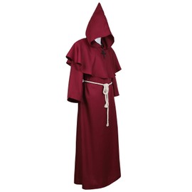 Wine Red Hooded Cloak for Men Wizard Robe Medieval Costume Priest Sorcerer Monk Cape Wine Red 2XL