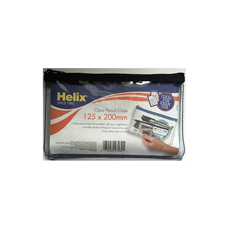 HELIX CLEAR EXAM PENCIL CASE ASSORTED COLOURED ZIPS TRANSPARENT 203
