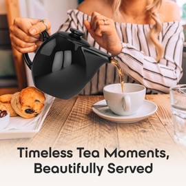 OmniWare 24 Oz Stoneware Teapot with Stainless Steel Mesh Infuser (Black) - Microwave & Dishwasher Safe, Removable Infuser, Retro-Style Kitchenware Ideal for Loose Tea Brewing