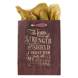 Christian Art Gifts Gift Bag/Tissue Paper Set The Lord Is My Strength Psalm 28:7 Bible Verse, Gold/Wood, Medium