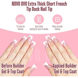 NOVO OVO White French Tip Short Duck Nail Tips Press on, BABY PINK Pre-designed Soft Gel Nail Extension, Extra thick Full Cover Matte Vrial False Nails for DIY x 12 Sizes 240 pcs