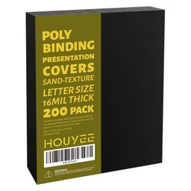 HOUYEE 200 Pack 16 Mil Poly Binding Covers,Sand Texture Binding Presentation Covers,8.5x11 Inches,Letter Size,Black,Square Corners,Un-Punched