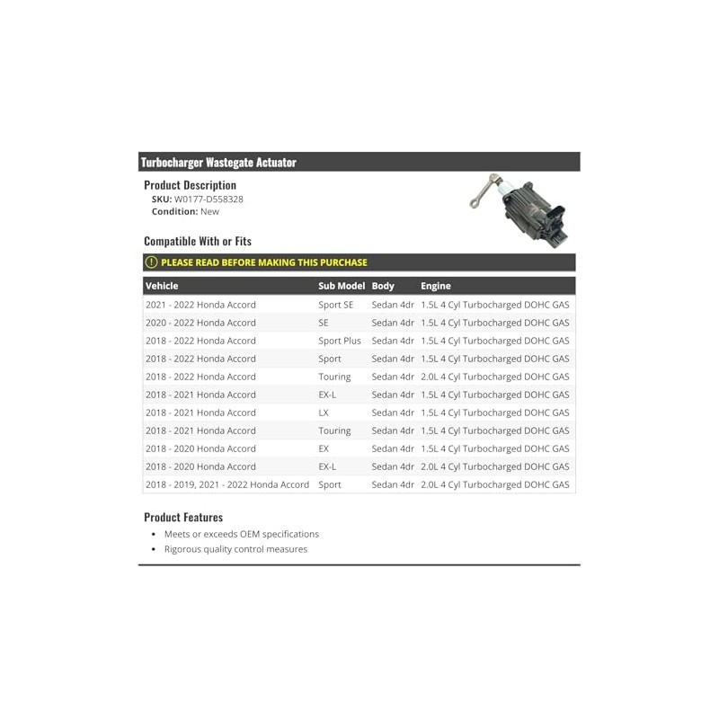 Turbocharger Wastegate Actuator - Compatible with 2018-2022 Honda Accord Sedan