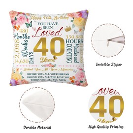 40th Birthday Gifts for Women Throw Pillow Covers 18x18 Inch 40 Year Old Women Gifts Happy 40th Birthday Gift Ideas Best Gifts for Mom Aunt Female Bestie Friend 40th Presents Birthday Decorations