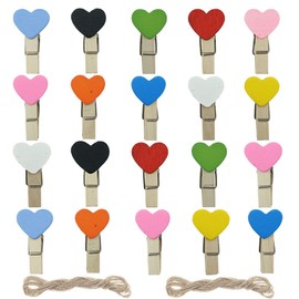 SaktopDeco Mini Colored Wooden Heart Clothespins with Jute Twine Small Decorative Wood Peg Pin Craft Clips for Pictures Memo Card Photo
