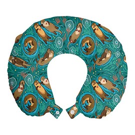 Lunarable Animals Travel Pillow Neck Rest, Brown Otters Swimming in Water with Ornamental Seaweed and Corals, Memory Foam Traveling Accessory for Airplane and Car, 12", Multicolor
