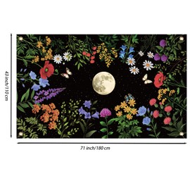 WEBEEDY Moon Garden Tapestry Boho Wildflower Wall Hanging Backdrop Vintage Flower and Moon Tapestry Black Aesthetics Background Wall Art for Photography Bedroom Home Decor, 180x110cm/5.9x3.6ft
