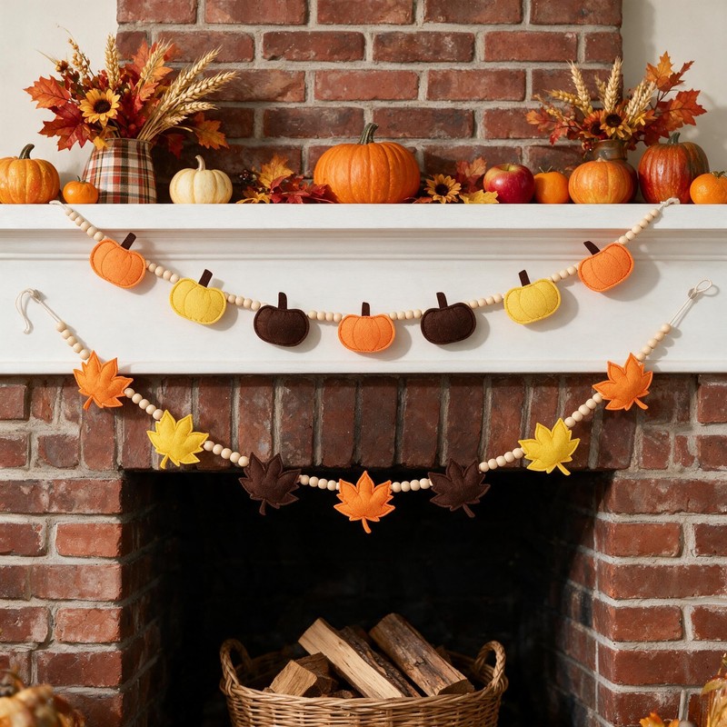 2 Pack Fall Wood Bead Garland Felt Pumpkin Maple Leaf