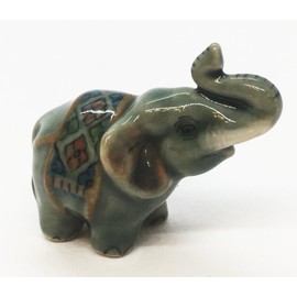 ChangThai Design Tiny ¾ Inch Gray Elephant Standing Lift Trunk Figurine - Miniature Hand Made Painted Ceramic Asian Elephants Cute Wildlife Animal Porcelain Decorative Collectible Figurine Décor Gifts