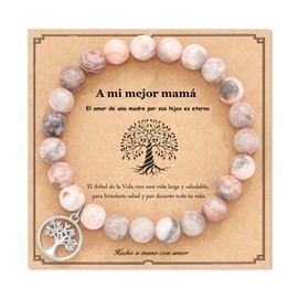 Pulsera Piedra Natural Mujer, Brazalete con Dije árbol de vida Acero Inoxidable, Elegante Joyería Regalo Mujer, Rodonita Rosa, Regalos para Mamá, Cumpleaños, Día de la Madre, Aniversario (Rosa claro)