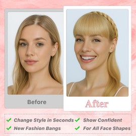 Benehair Headband with Bangs Synthetic Plaited Hair Headband with Natural Fringe Hair Piece for Women Girls(Golden Blonde mix Blonde, 55g)