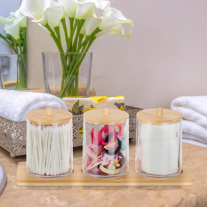Relaxdays Cotton Bud Container with Tray, 3 Cups with Lid,