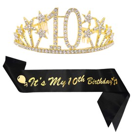 ALRBE TIN 10th Birthday Sash and Tiara Kit - Gold Crystal Tiara & Black Sash - Perfect for 10th Birthday Party Supplies & Decorations