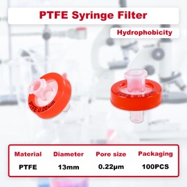100Pcs Syringe Lab Filter Hydrophobic PTFE Membrane, 0.22um Pore Size 13mm Diameter for Laboratory School Science, Non-Sterile