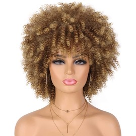Looxey Afro Wig for Black Women Fluffy and Soft Synthetic Kinky Curly Wig Glueless Short Curly Wig Ombre Blonde Curly Wig with Bangs Curly Hair Wig for Daily Party
