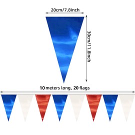 20M/65FT White Blue Red Triangle Pennant Banner Flag Metallic Fabric Bunting Garland for Christmas Graduation, Independence Day, 4th of july, Patriotic Themed Party Decoration