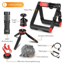 BOYA Walimex pro Smartphone Video Kit VG380 I Video Stabilisator I Video Rig mit Mikrofon und Halterung, Dreibein Stativ, universellem Smartphone-Halter und Fell-Windschutz I mobiles Vlogging Kit
