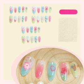 WLGDLH 30 Uñas Postizas De Colores, Diseño Almendrado Mediano, Para Verano, Playa, Con Diseño De Estrellas De Mar Y Flores De Perla 3D, Cobertura Tota